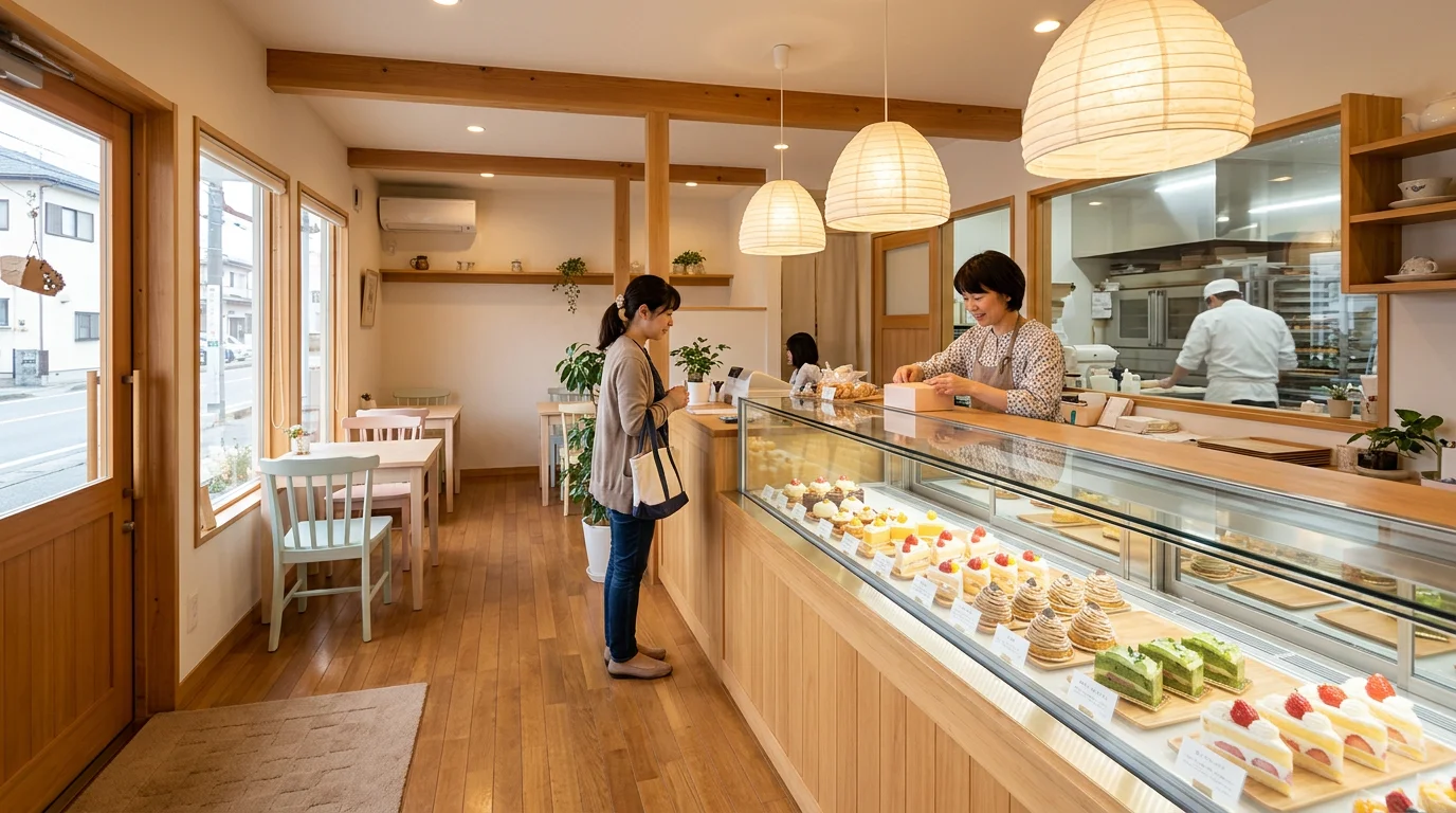 ショーケースと焼き菓子が並ぶ明るい洋菓子店の店内全景