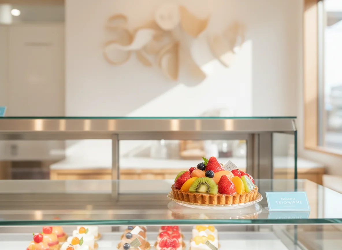 ガラスのショーケースに色とりどりの小さなケーキが整然と並ぶ店内